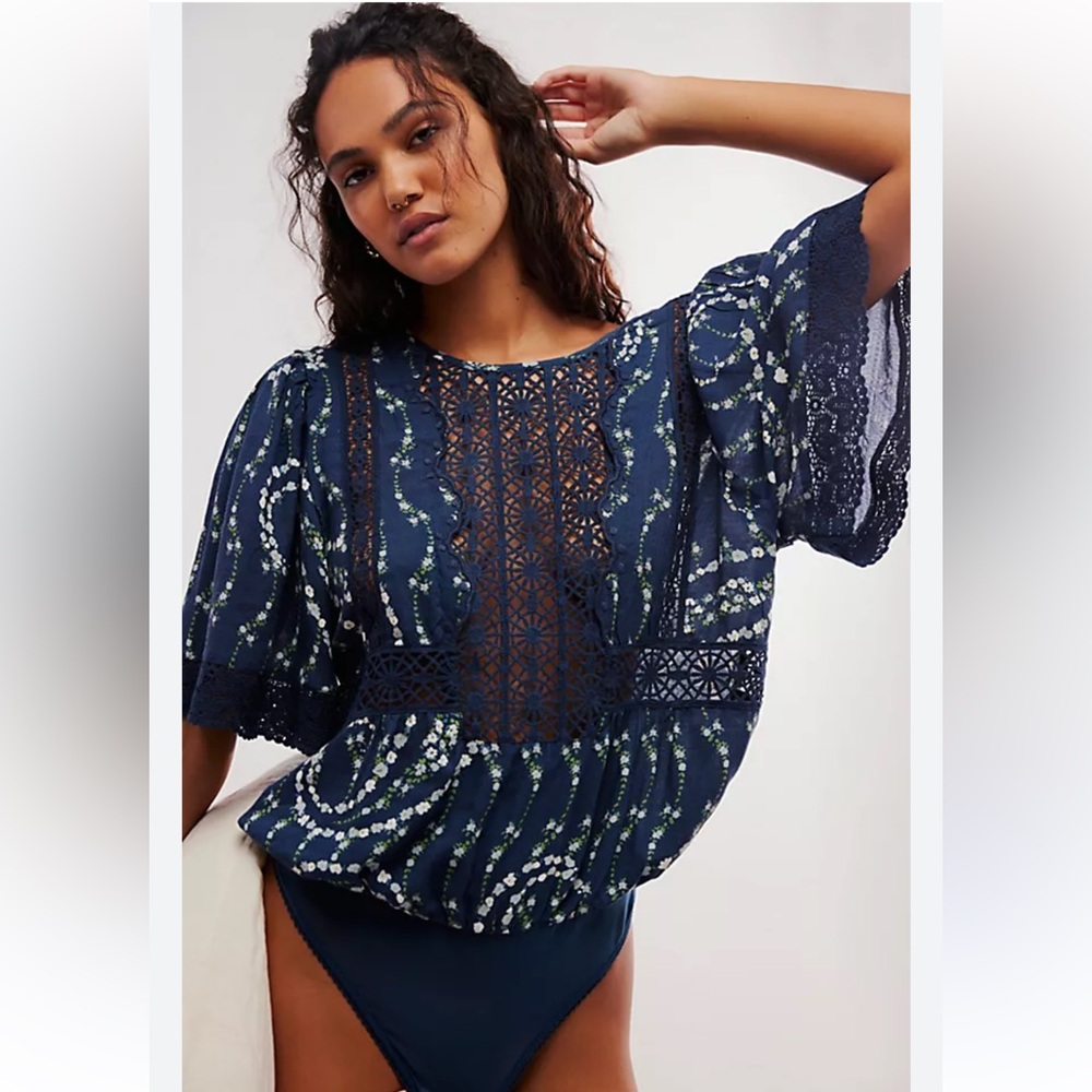 FREE PEOPLE Bali Tate Mixed Media Navy Lace Bodysuit